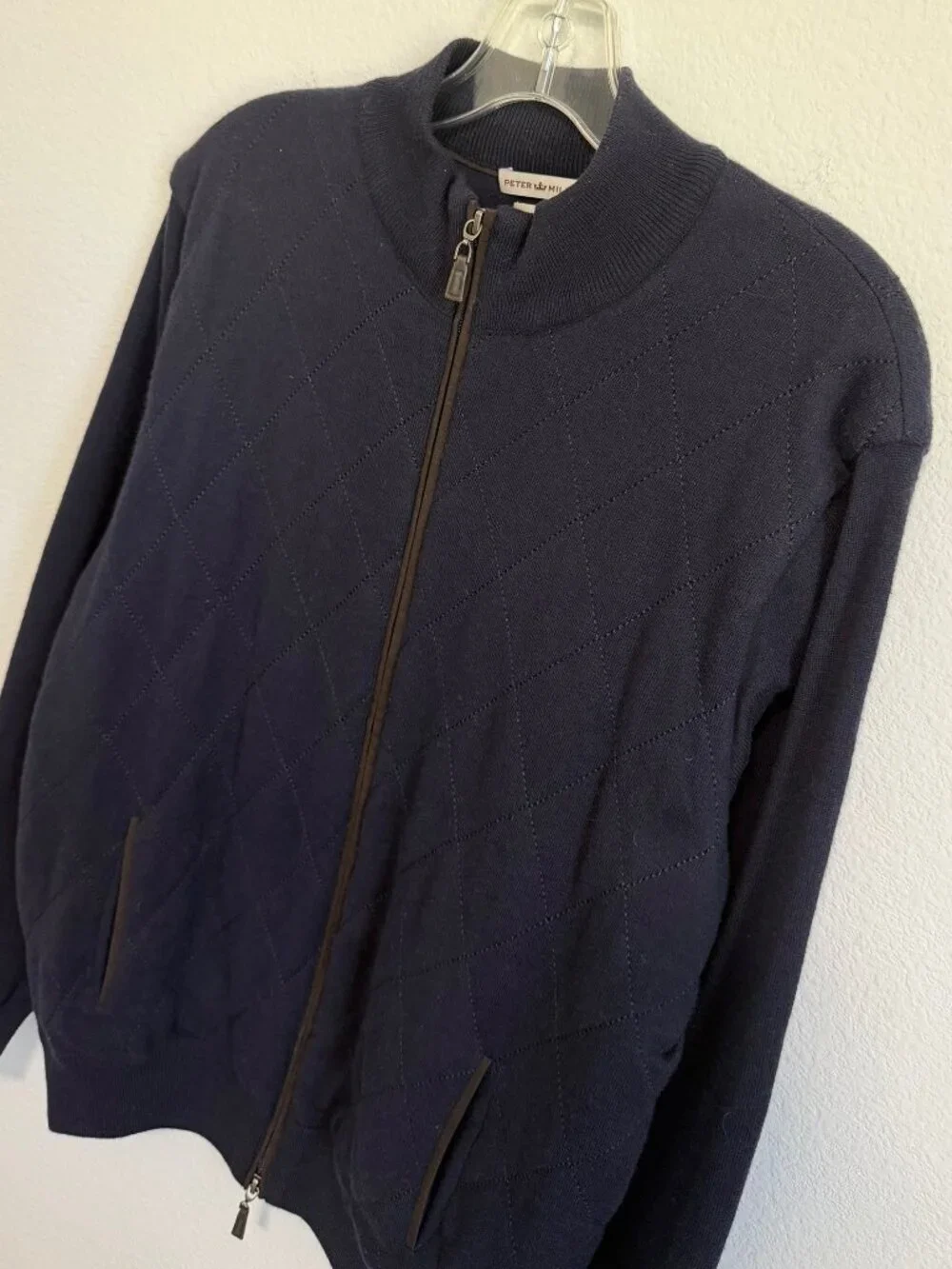 Peter Millar Navy Blue Wool Blend Long Sleeve Zip Up Quilted Sweater Size M